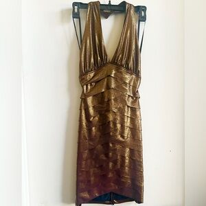 Bebe Metallic BRONZE  Halter Dress Draped Cocktail Small